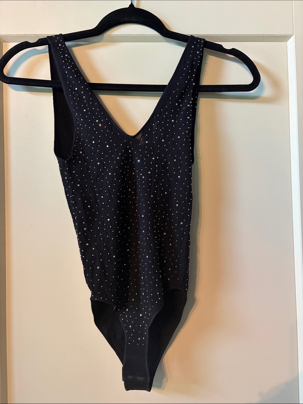 Zara Black Rhinestone-Embellished V-Neck Bodysuit